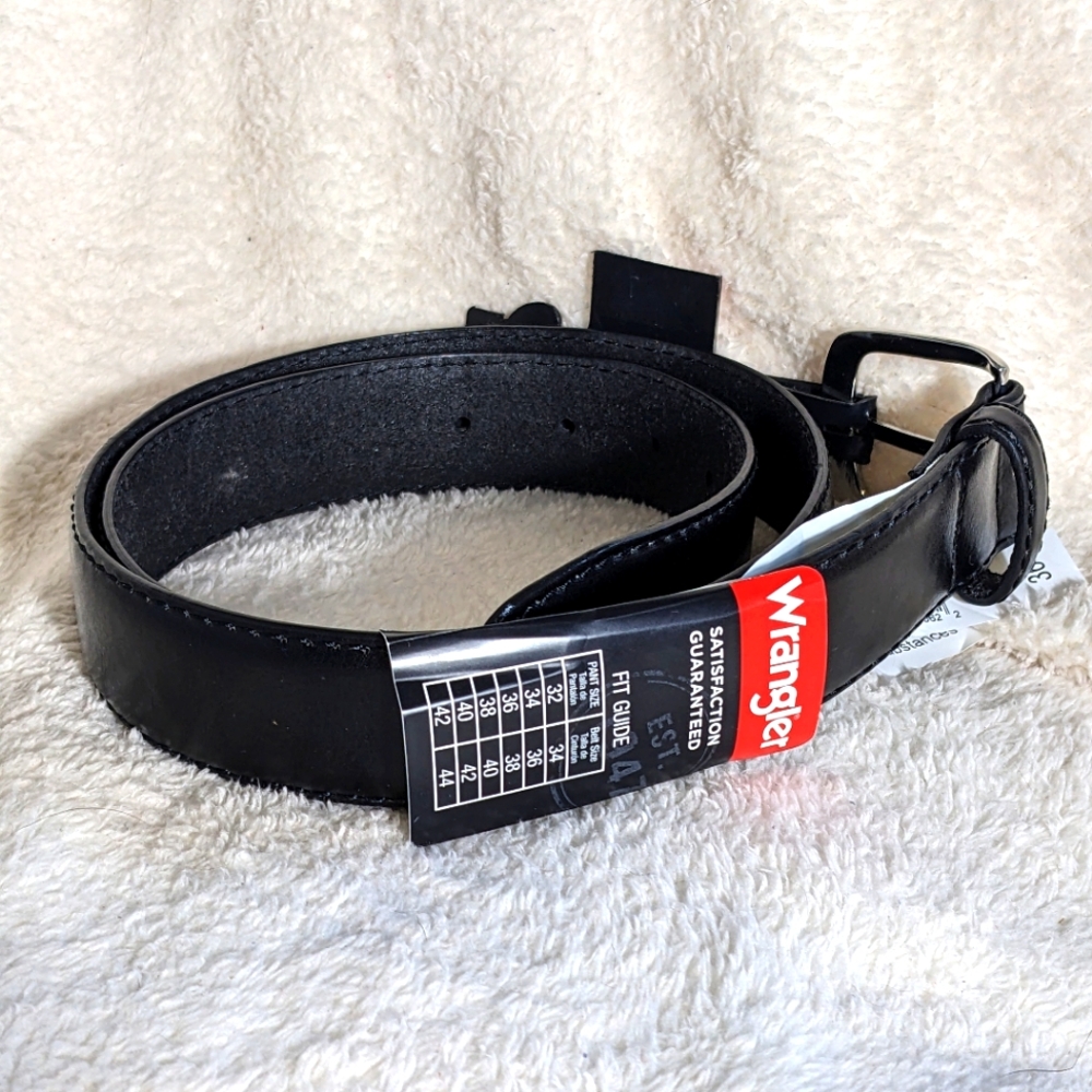 NWT Wrangler Unisex Black leather belt, silver toned buckle| size‎ 36
